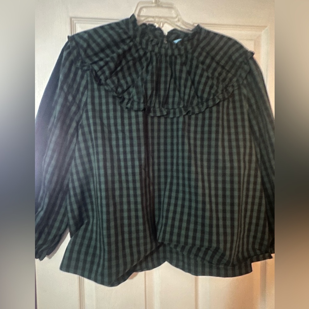 Draper James Green Plaid Ruffle Blouse